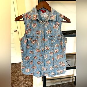 Sleeveless Denim Button Down Shirt